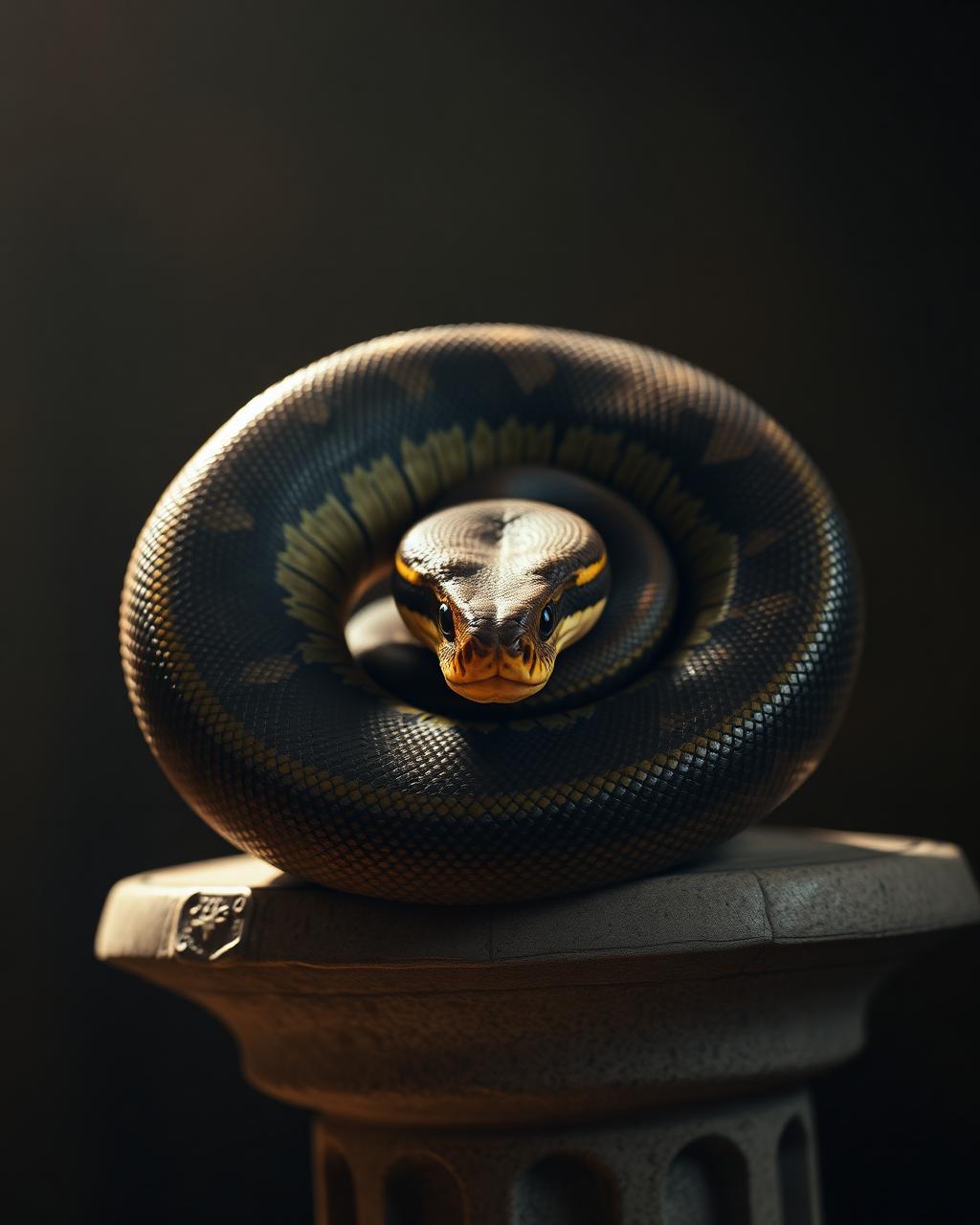 Ball python on display column inside custom luxury enclosure