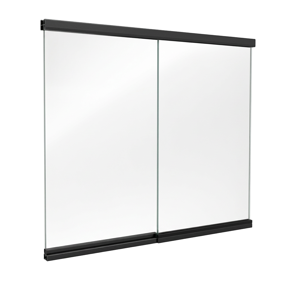 Pair of clear tempered sliding glass panels in black tracks
