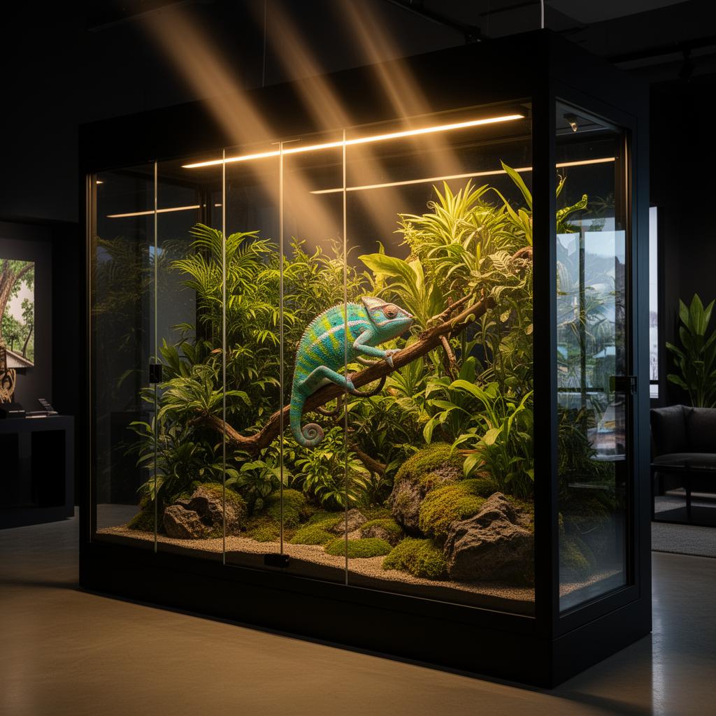 Luxury custom bioactive terrarium with veiled chameleon and integrated LED lighting