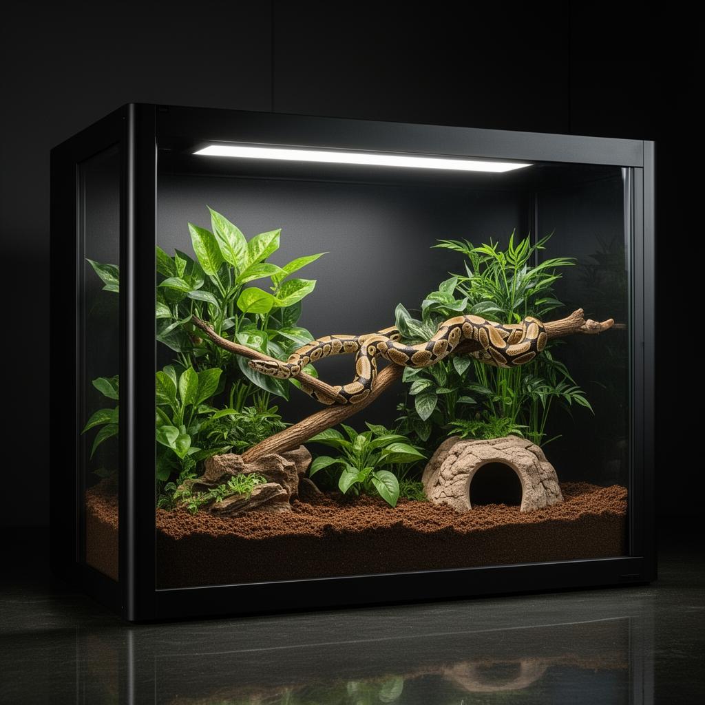 PVC reptile enclosure with ball python, integrated lighting and modern matte black frame