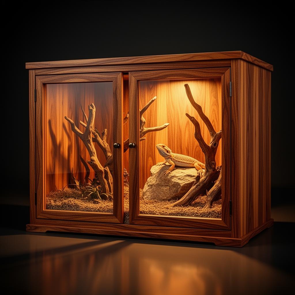 Wood series reptile terrarium with bearded dragon and warm wood grain finish